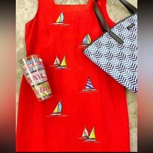 Vintage Ultra Red Sailboat Embroidered Linen Blend Sheath Dress Women’s Size 14